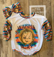 
              Wanna Play Chucky Halloween Tee Shirt Baby or Toddler Romper / Baby Romper / Toddler Romper / Fall Outfi
            