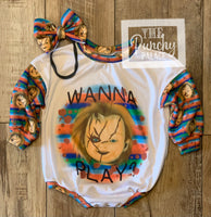 
              Wanna Play Chucky Halloween Tee Shirt Baby or Toddler Romper / Baby Romper / Toddler Romper / Fall Outfi
            