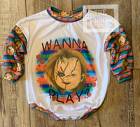 
              Wanna Play Chucky Halloween Tee Shirt Baby or Toddler Romper / Baby Romper / Toddler Romper / Fall Outfi
            