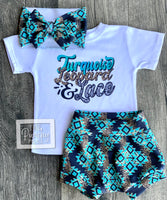 
              Turquoise Leopard and Lace - Baby or Toddler Complete Outfit
            