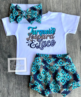 Turquoise Leopard and Lace - Baby or Toddler Complete Outfit